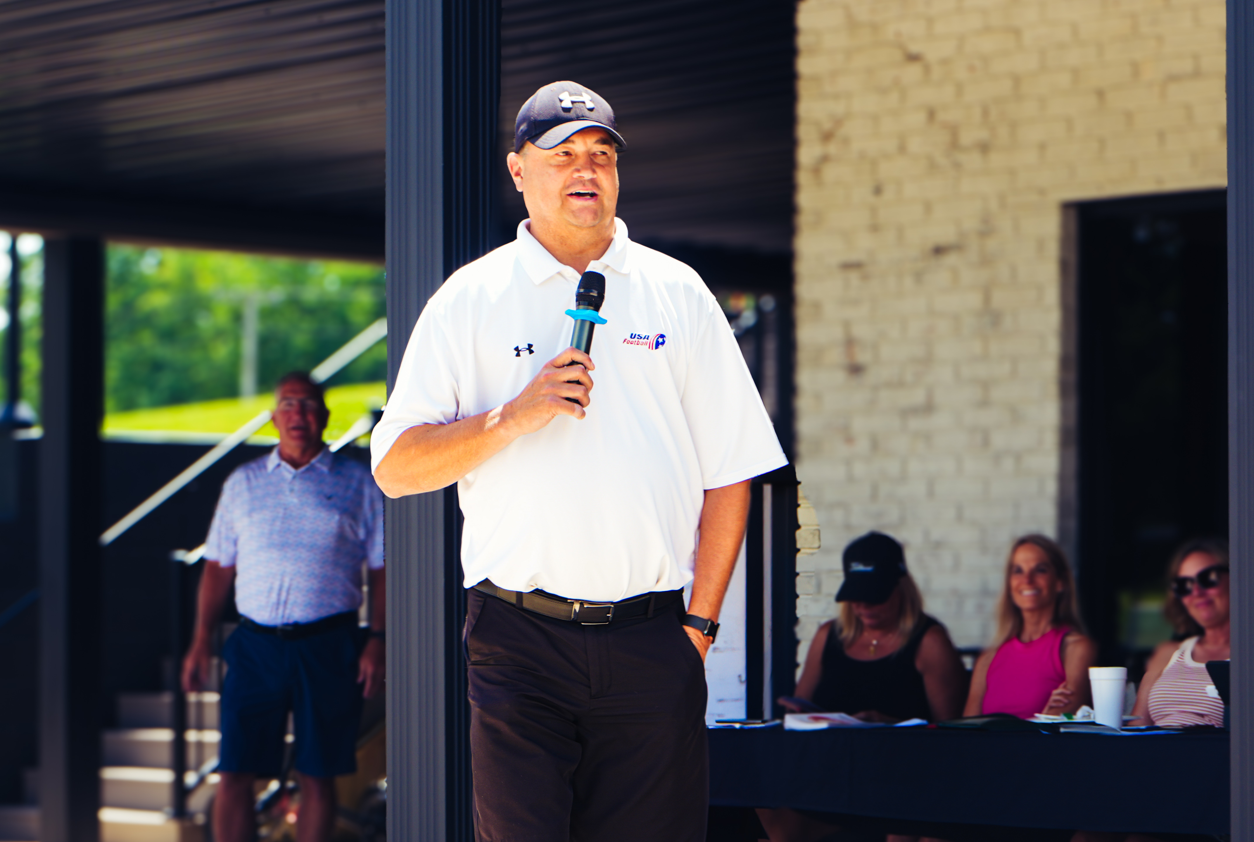 Kyle Park shares some words about the 2016 Redhawks at the 2025 Goshen Gridiron Golf Outing.